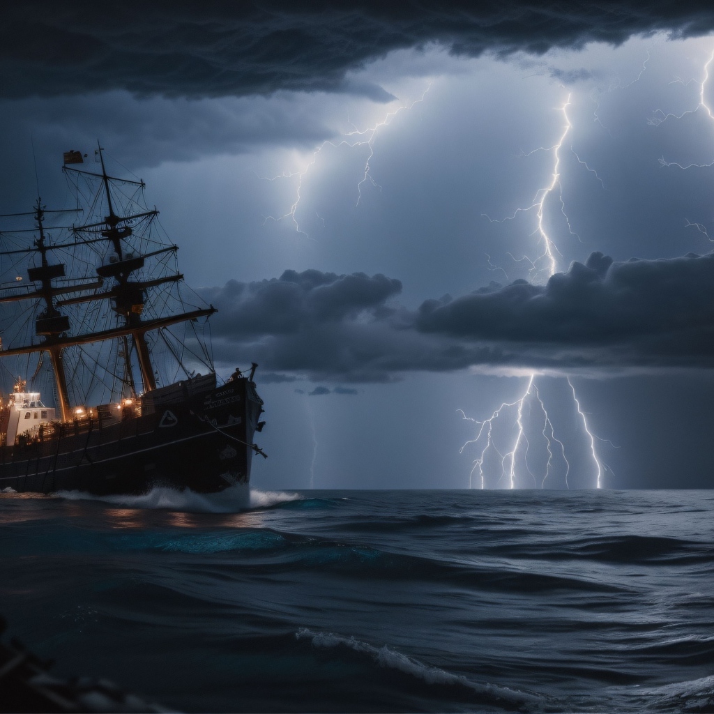 Корабль в бушующем море в шторм на фоне молнии в небе