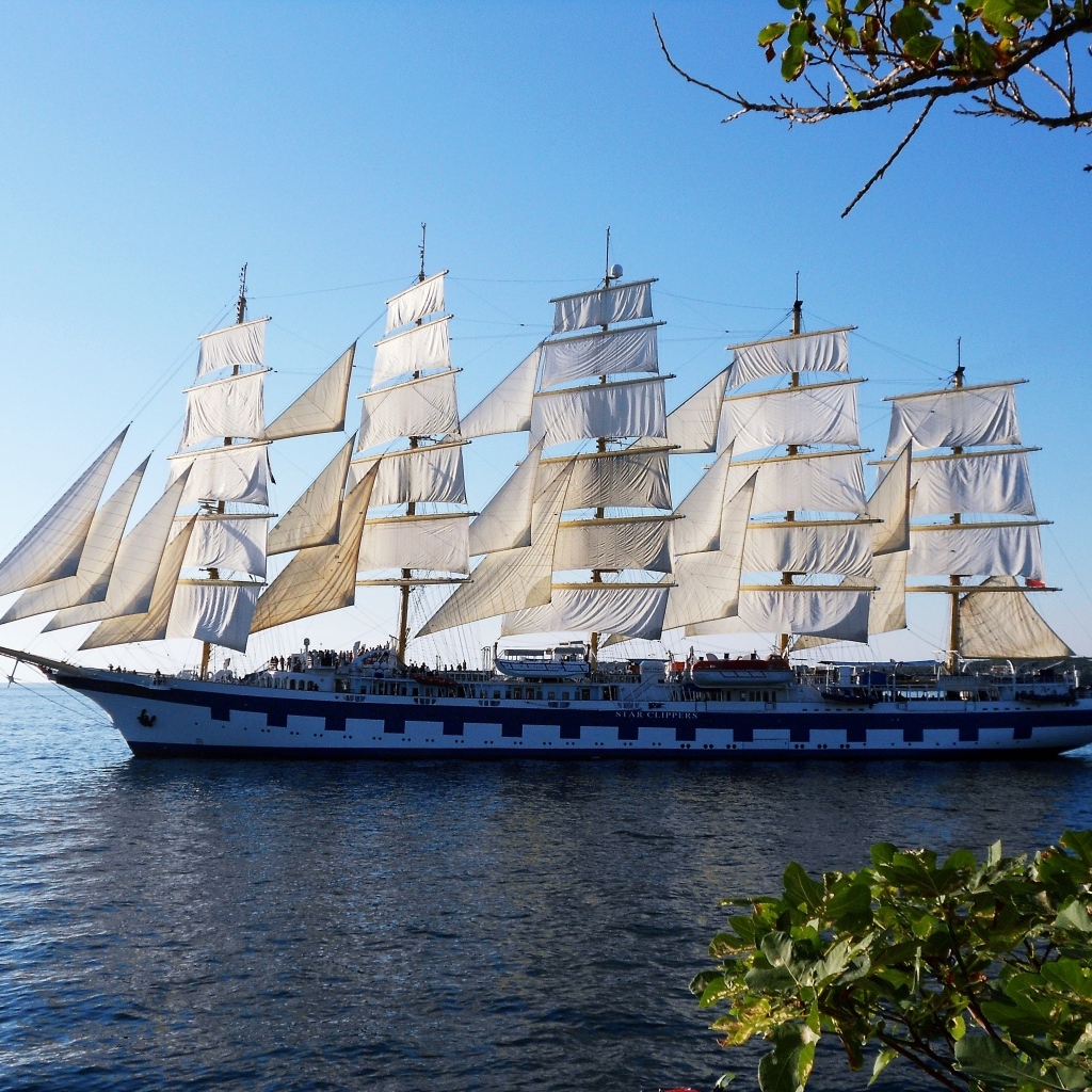 Большой корабль под белыми парусами 