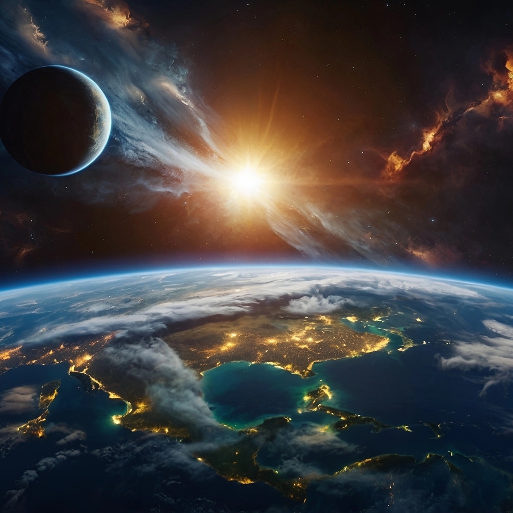 Яркая вспышка в космосе над планетой Земля