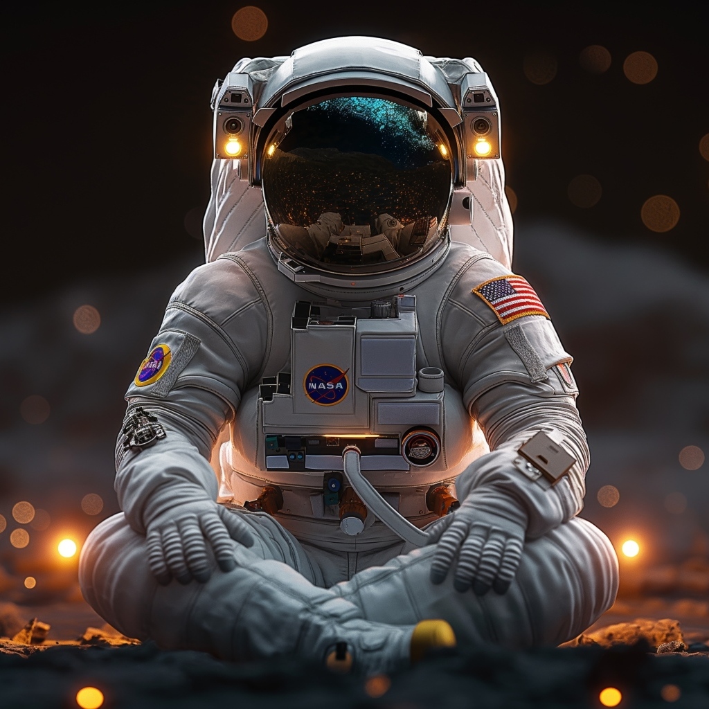 Астронавт сидит в позе для медитации на поверхности планеты