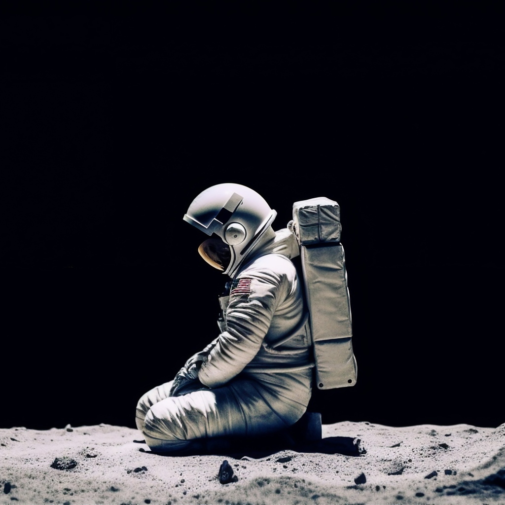 Космонавт сидит на поверхности планеты на черном фоне