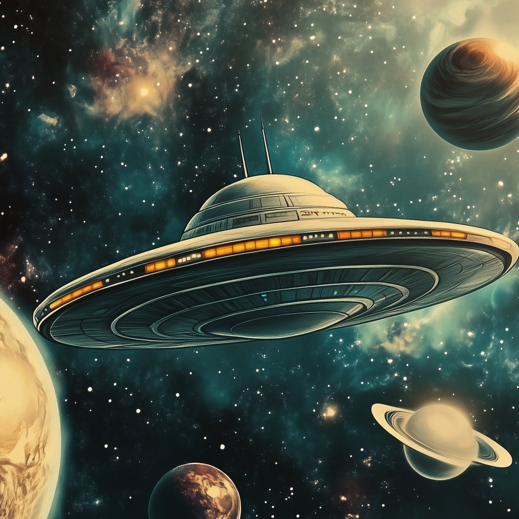 Летающая тарелка в космосе с планетами