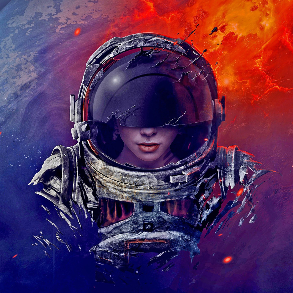 Девушка астронавт в скафандре на фоне планеты