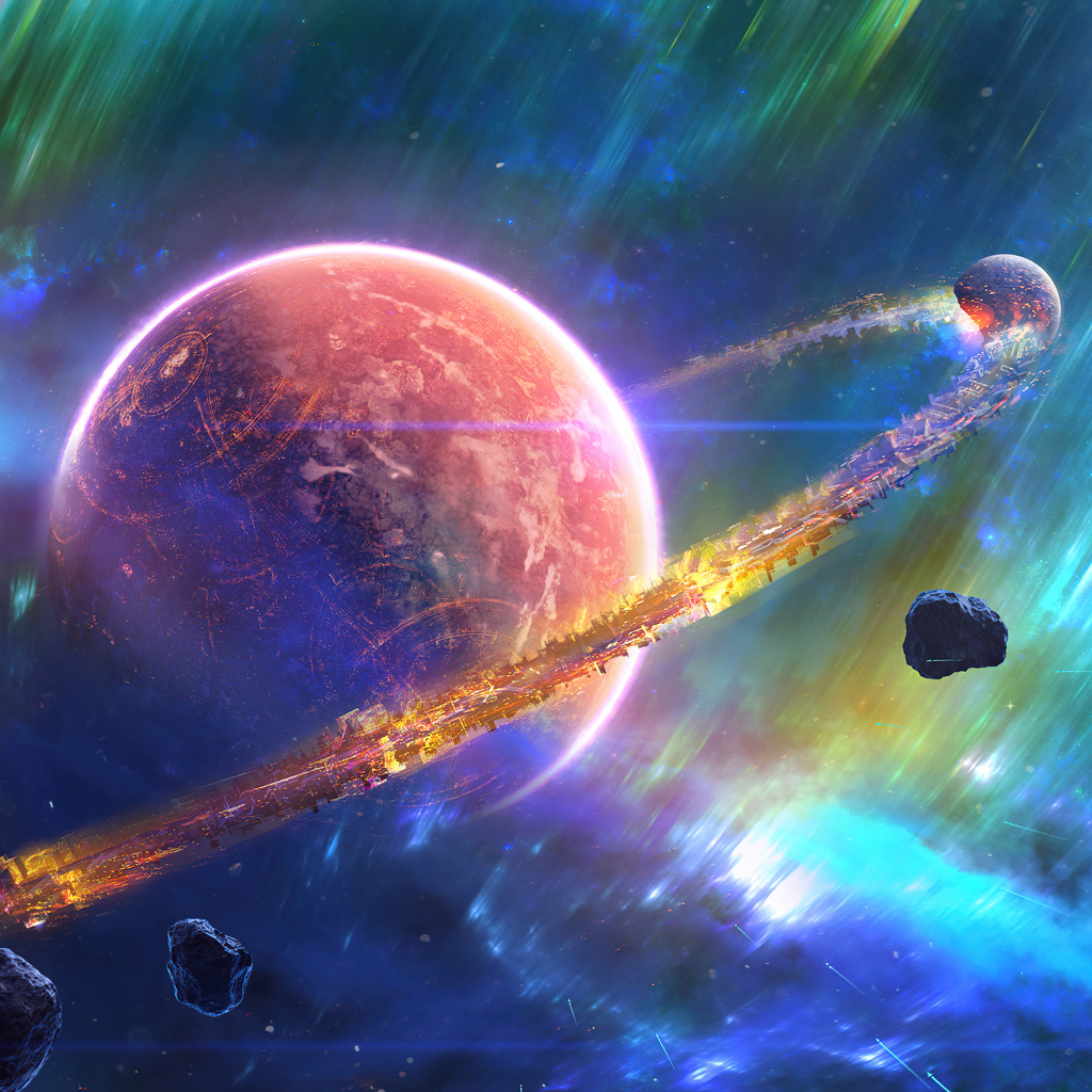 Большая планета с кольцами в космосе с астероидами