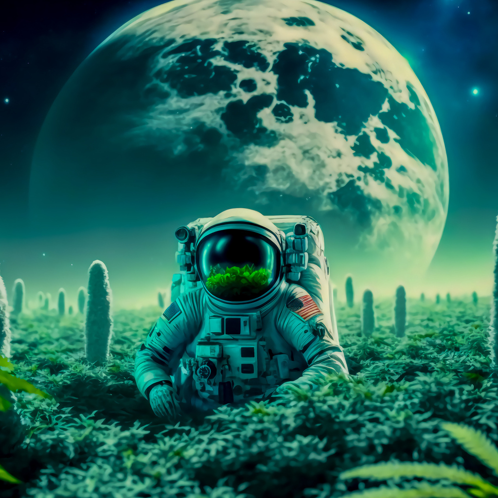 Мужчина астронавт NASA на планете с растениями