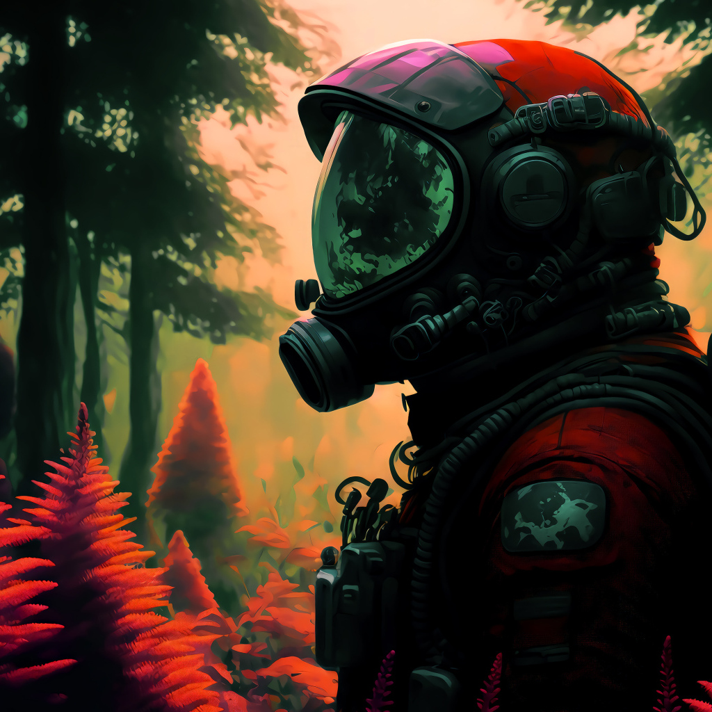 Мужчина астронавт в скафандре в лесу