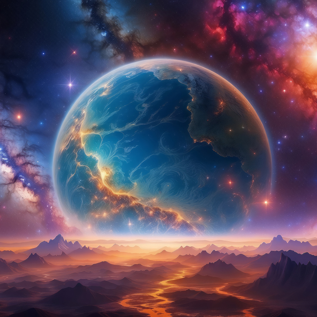 Млечный путь в небе над большой круглой планетой