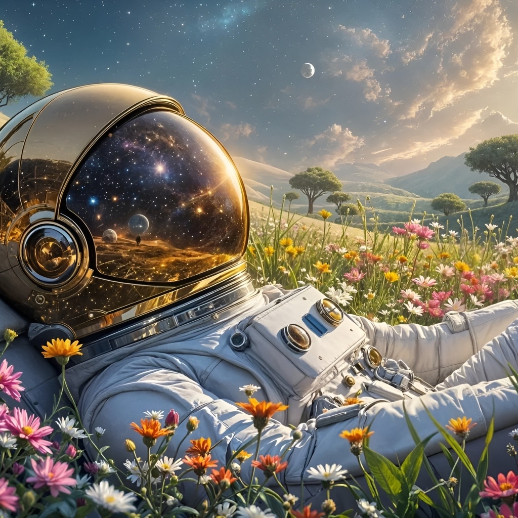 Космос отражается в шлеме астронавта лежащего на поле с цветами