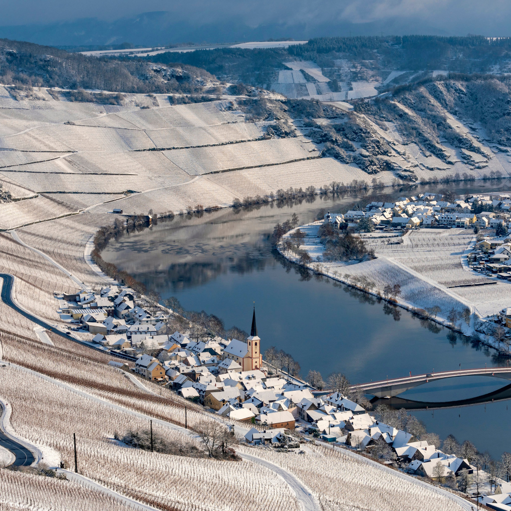 Дома и поля у реки зимой, Германия