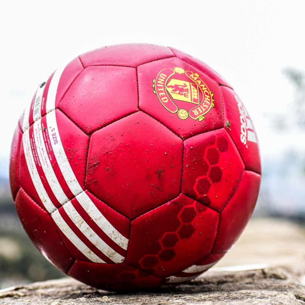 Красный футбольный мяч лежит на камне