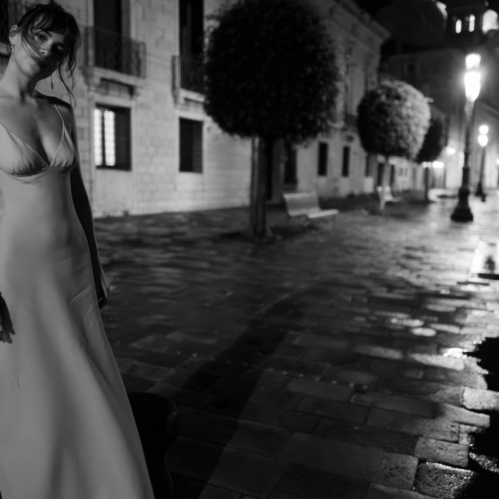 Актриса Дакота Джонсон в платье на улице вечером