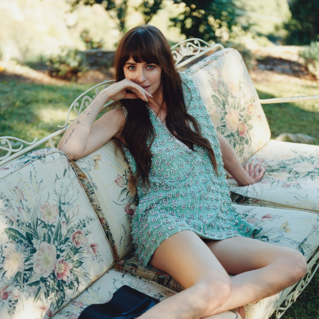 Актриса Дакота Джонсон в платье сидит на диване