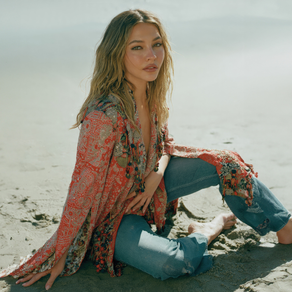 Актриса Мэдлин Клайн сидит на песке