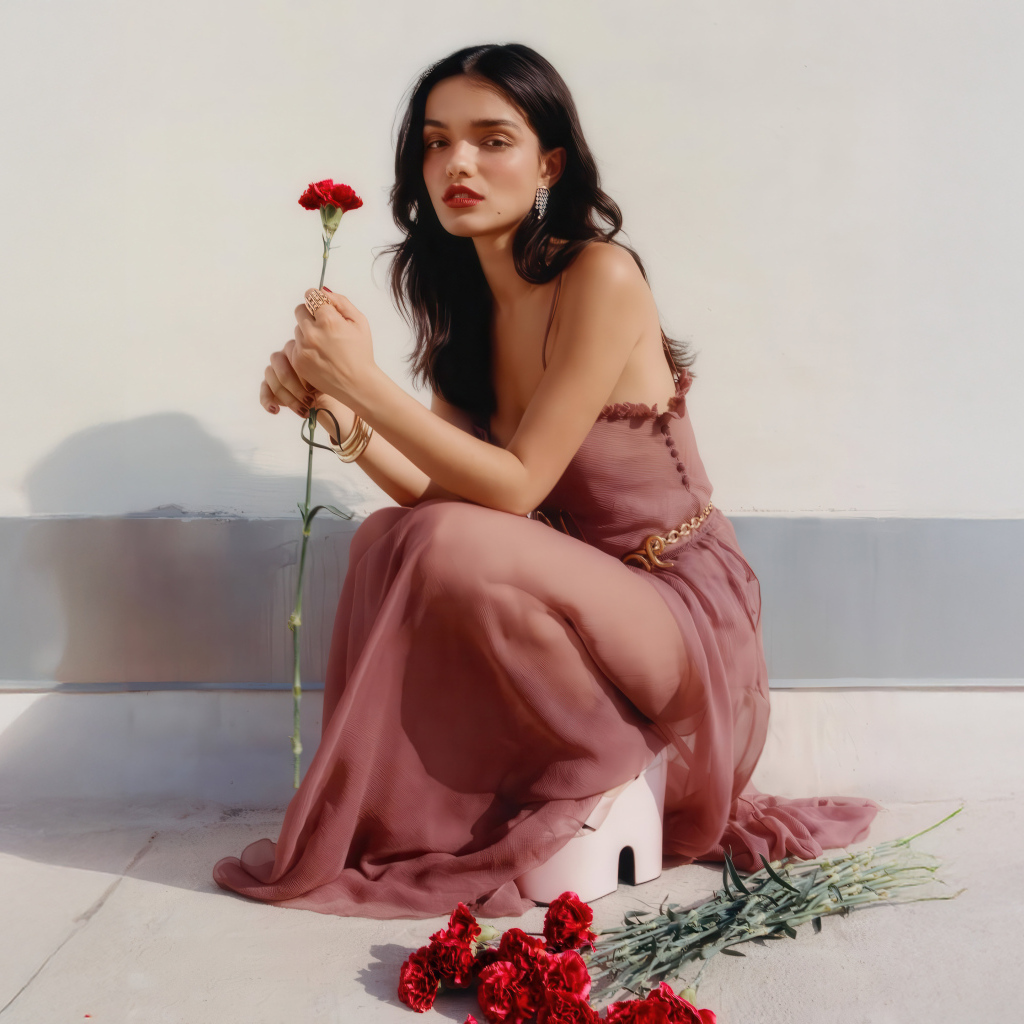 Актриса Рэйчел Зеглер с красными гвоздиками сидит на полу