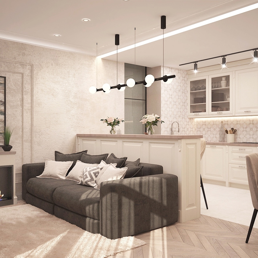 Светлая гостиная с камином и кухней