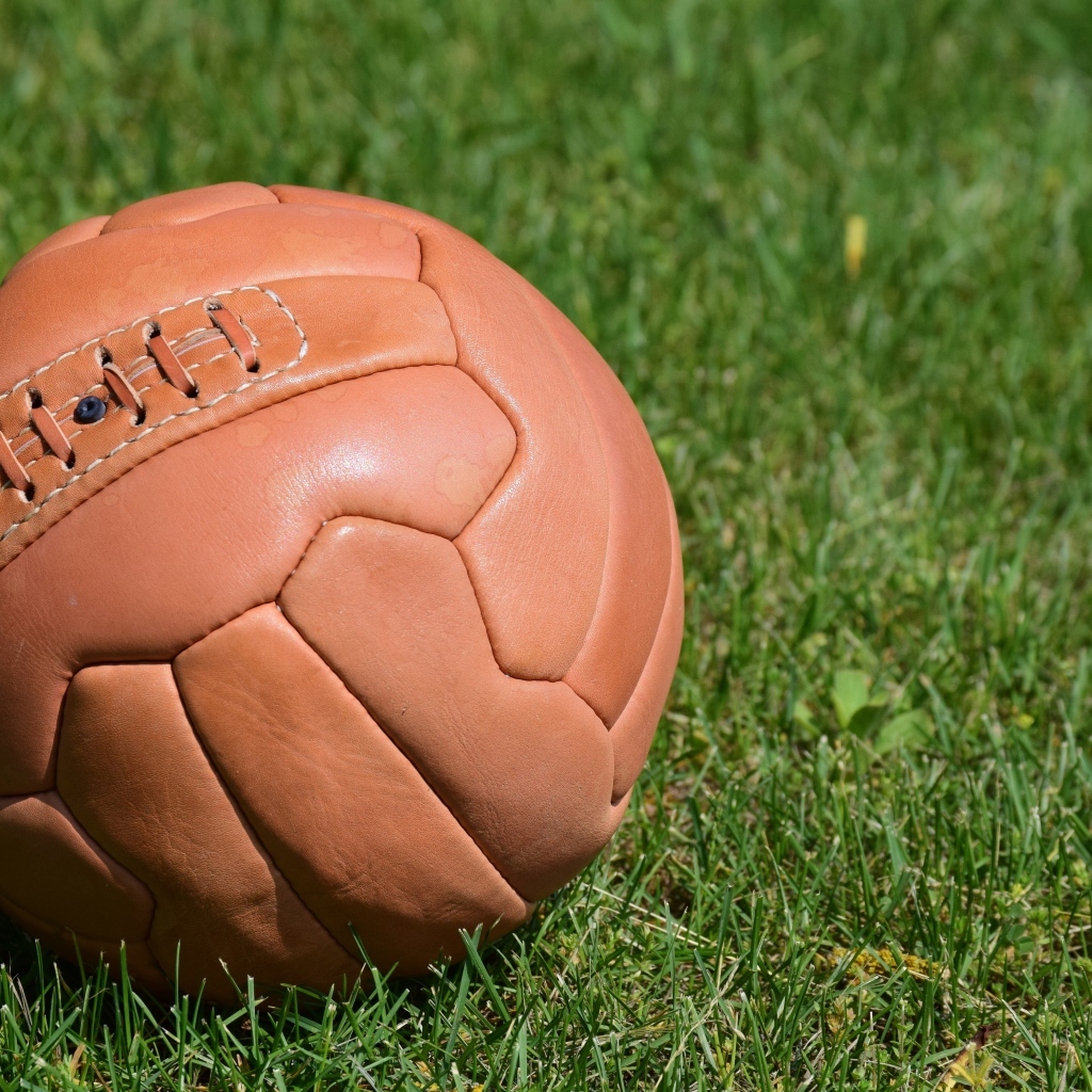 Коричневый кожаный мяч на зеленой траве 