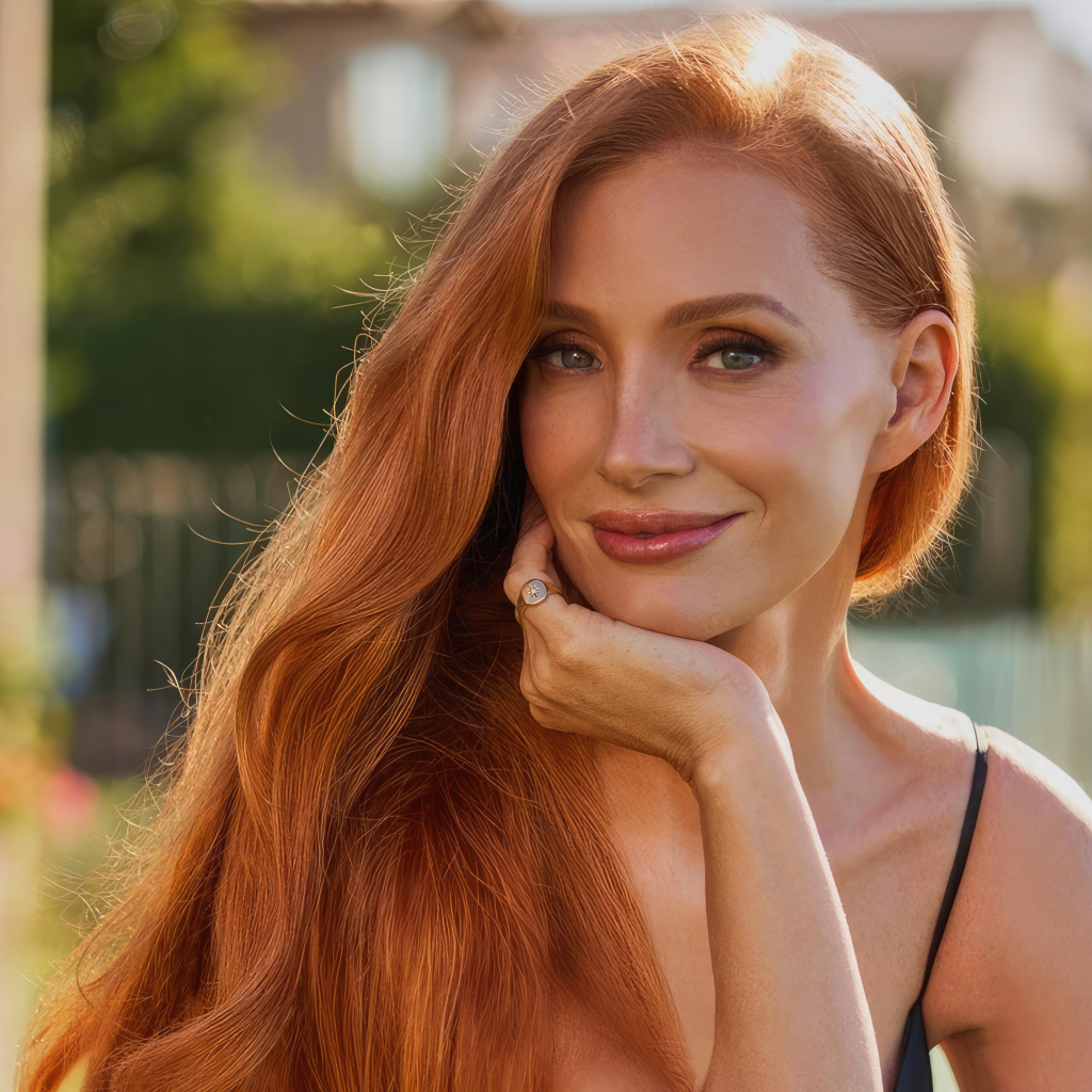 Милая голубоглазая рыжеволосая девушка актриса Джессика Честейн