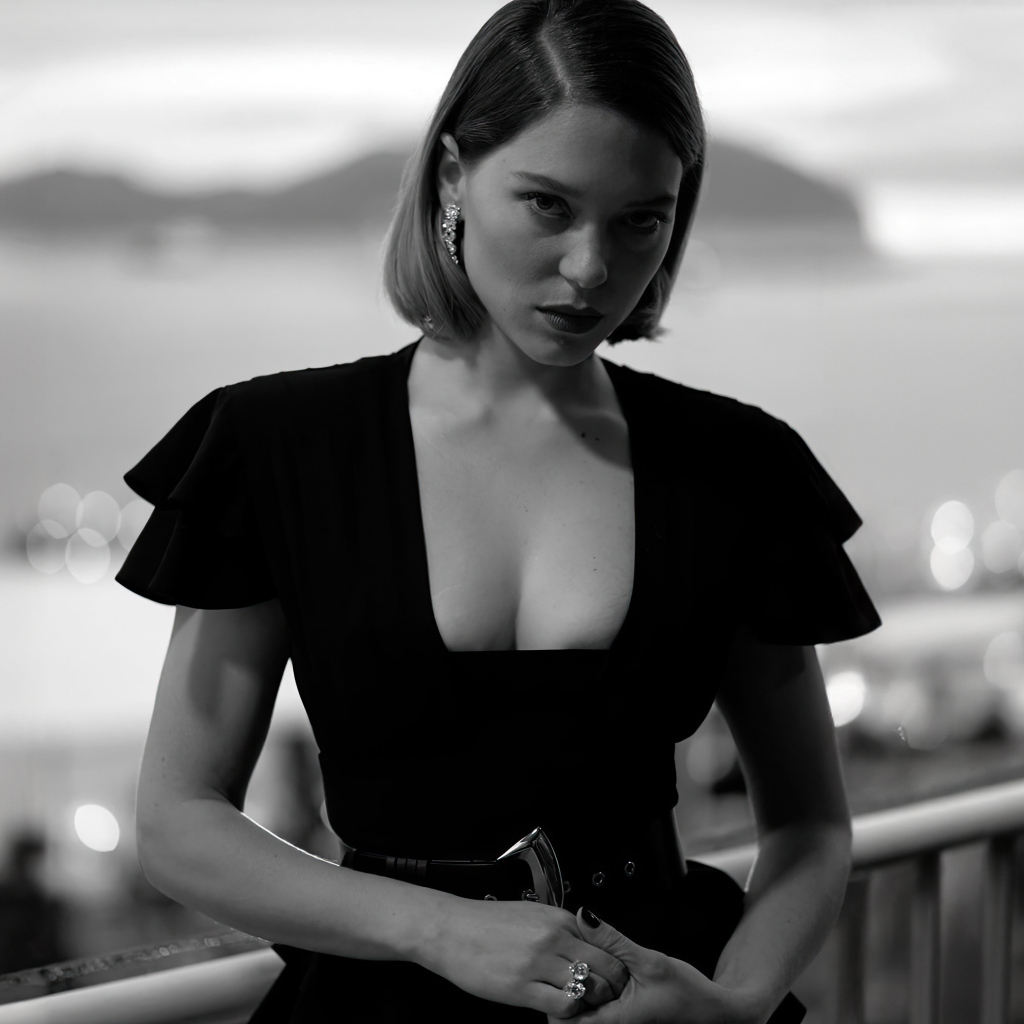 Французская актриса Леа Сейду черно-белое фото