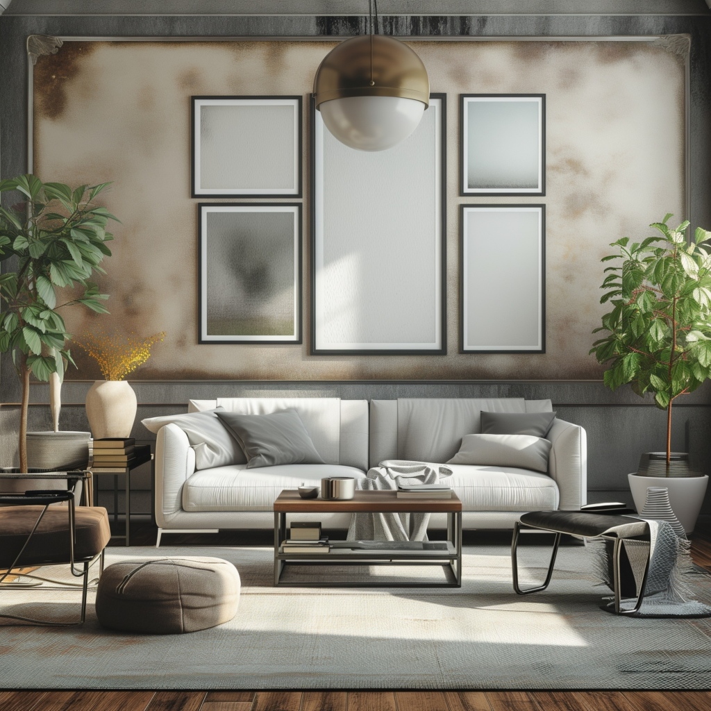 Большой серый диван в комнате с картиной на стене