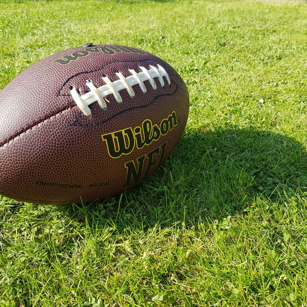 Кожаный мяч для американского футбола на зеленой траве
