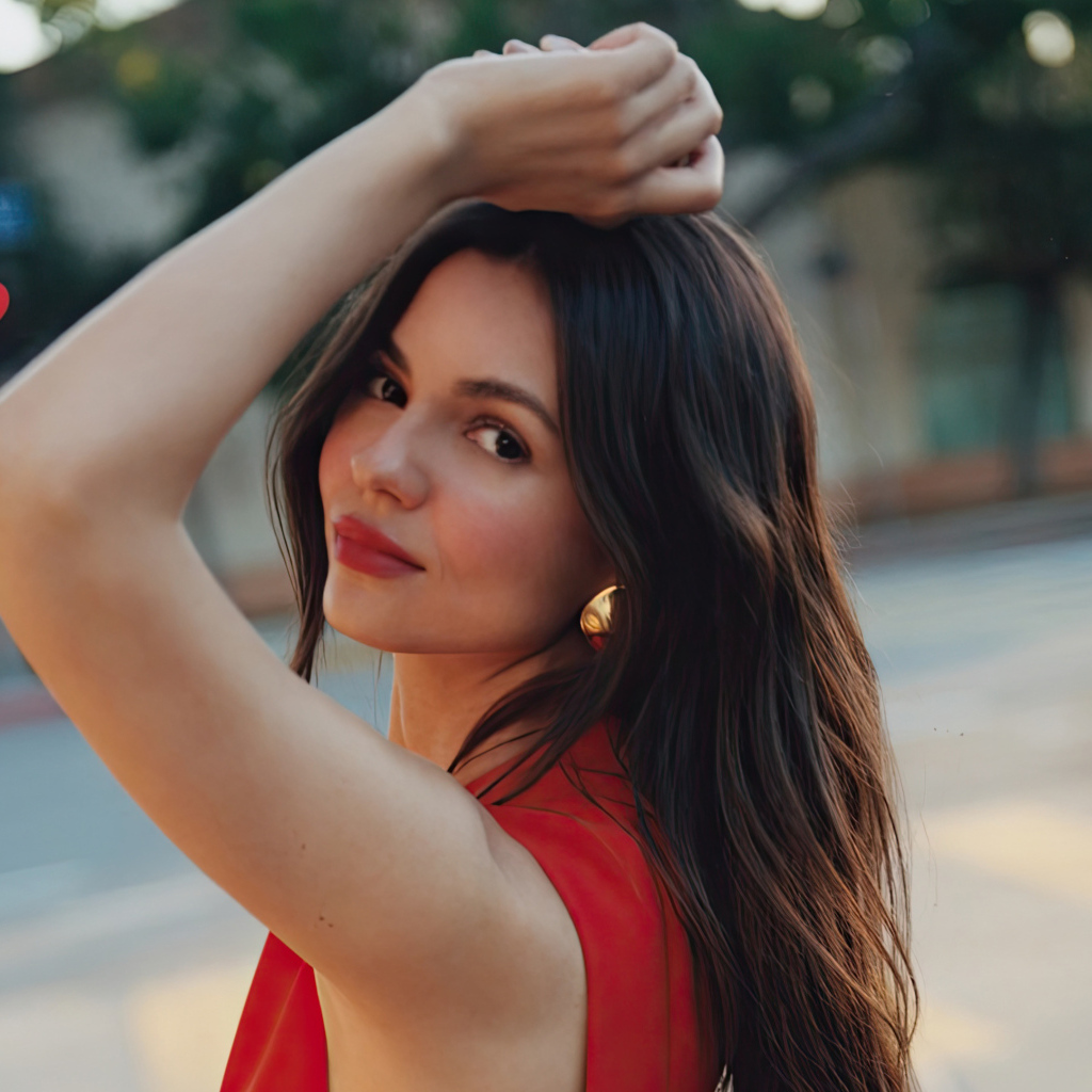 Длинноволосая брюнетка Виктория Джастис в красном