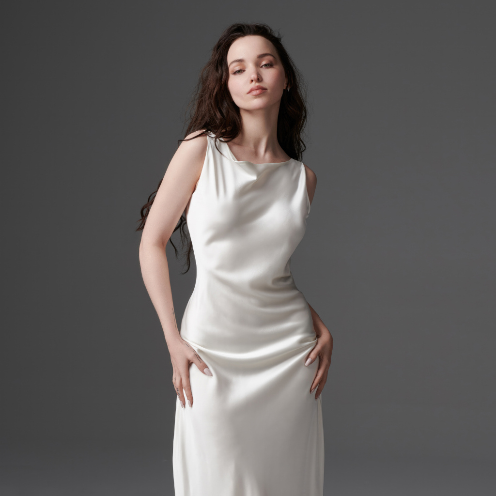 Стройная девушка актриса Дав Кэмерон в белом платье на сером фоне