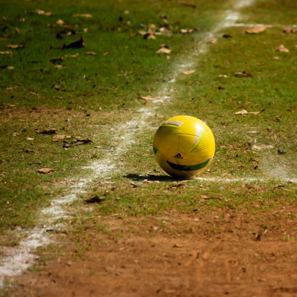 Желтый мяч на футбольном поле осенью 