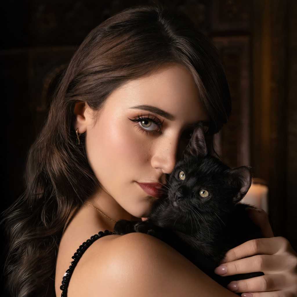 Молодая актриса Кэйли Кауэн с черным котенком