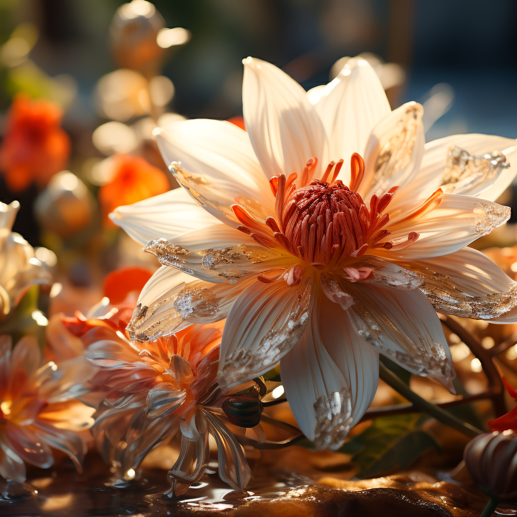 Распустившийся необычный цветок в воде с бутонами