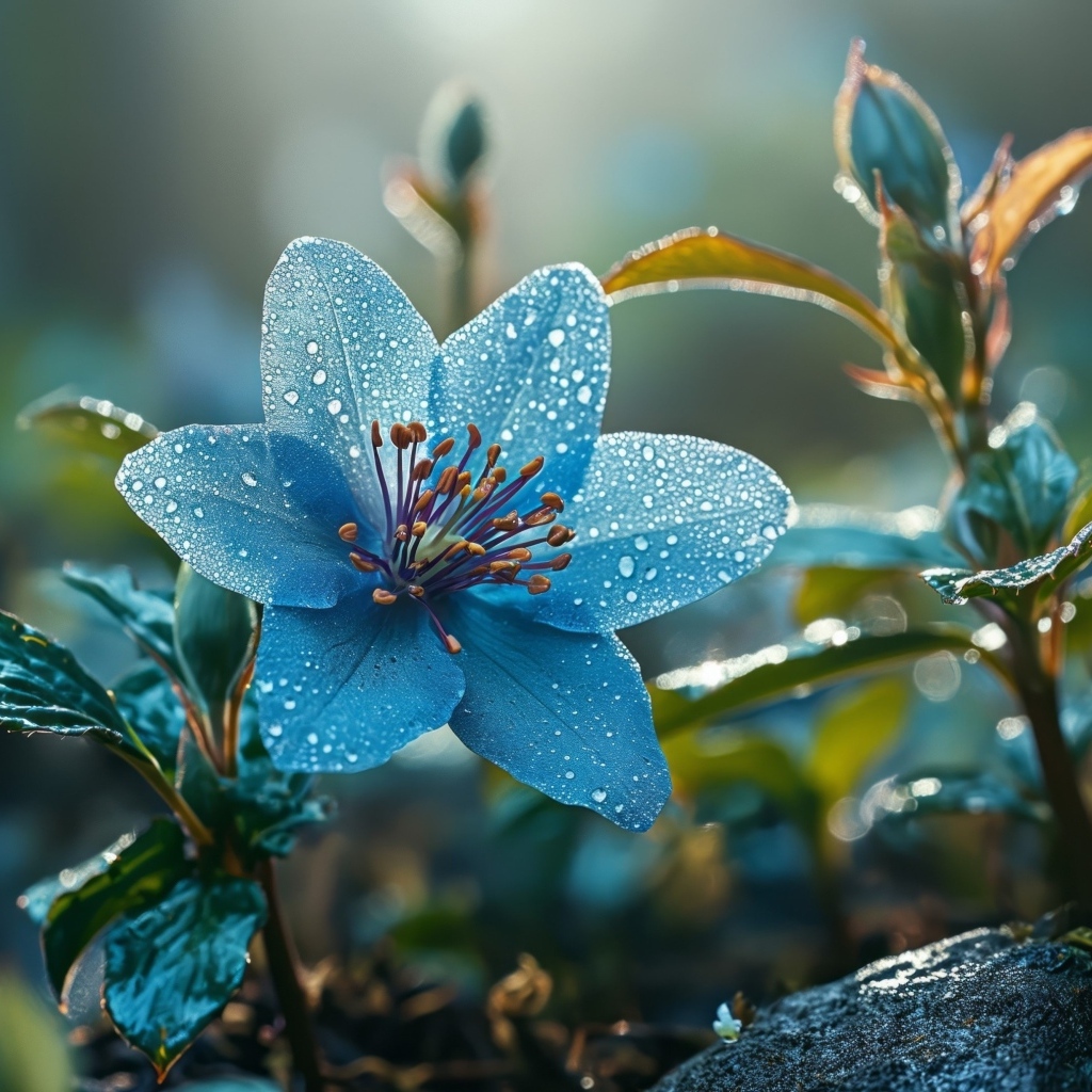 Синий цветок с бутонами в каплях росы