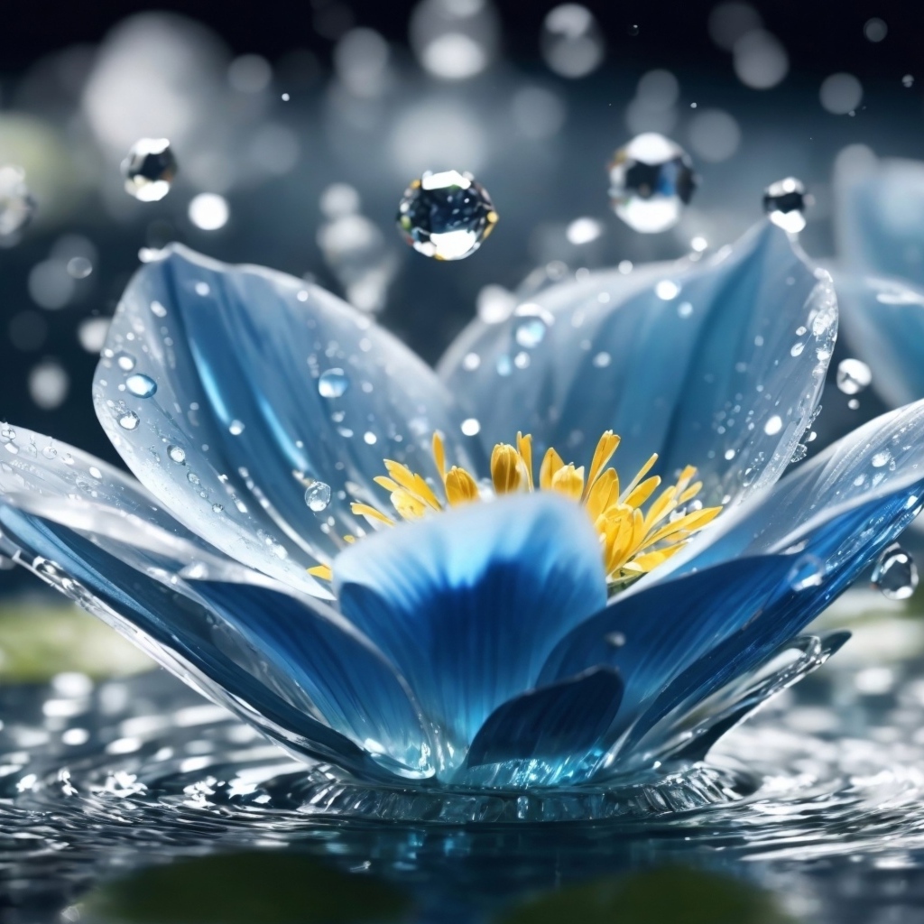 Капли дождя летят на красивый синий цветок