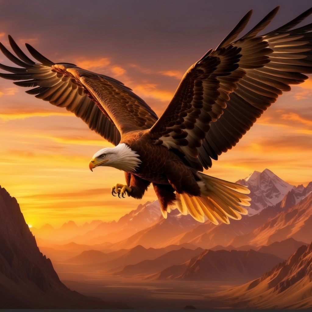 Белоголовый орлан с большими крыльями летит над горами