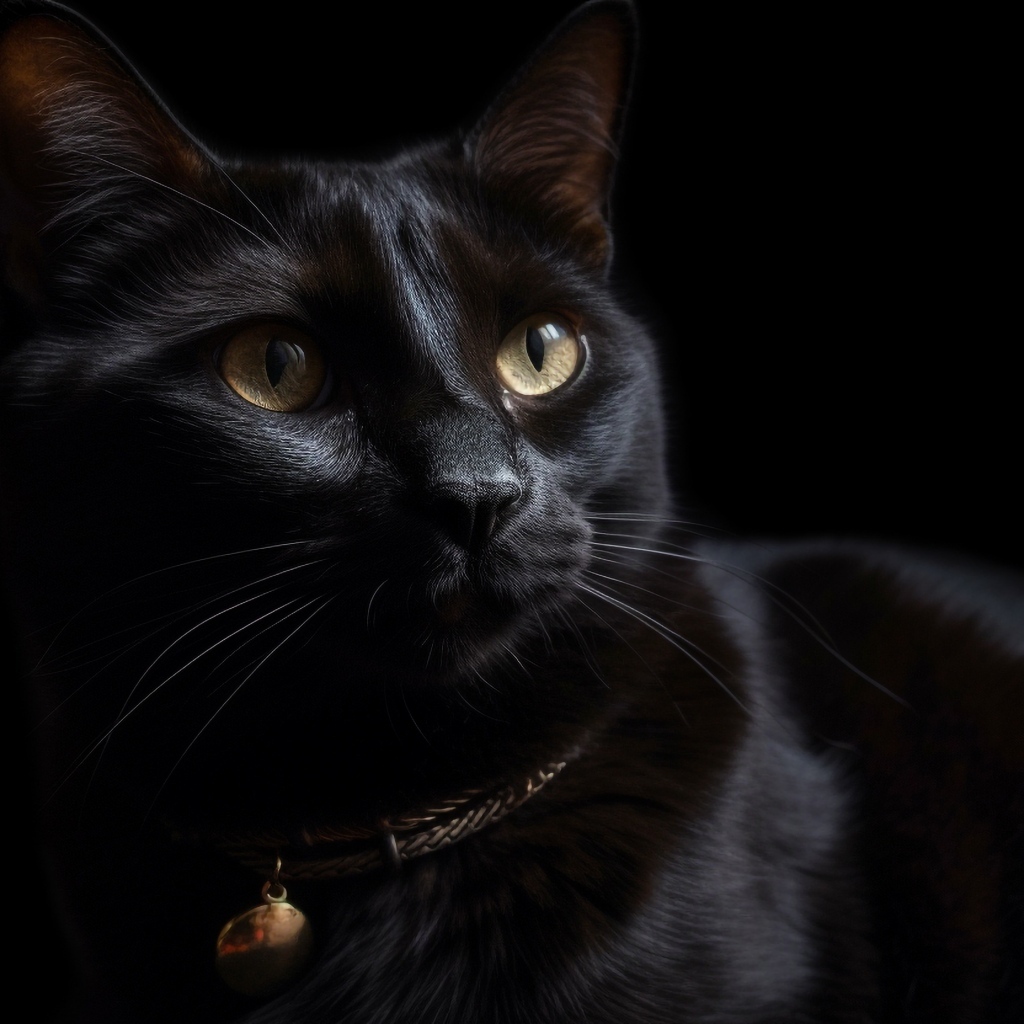 Красивый черный домашний кот с ошейником
