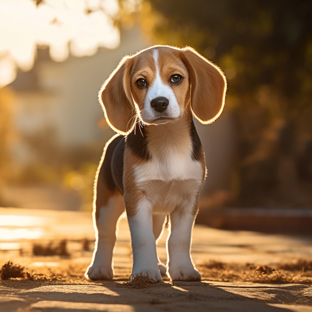 Щенок бигля стоит на дороге