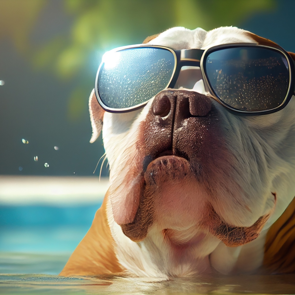 Бульдог в очках сидит в воде