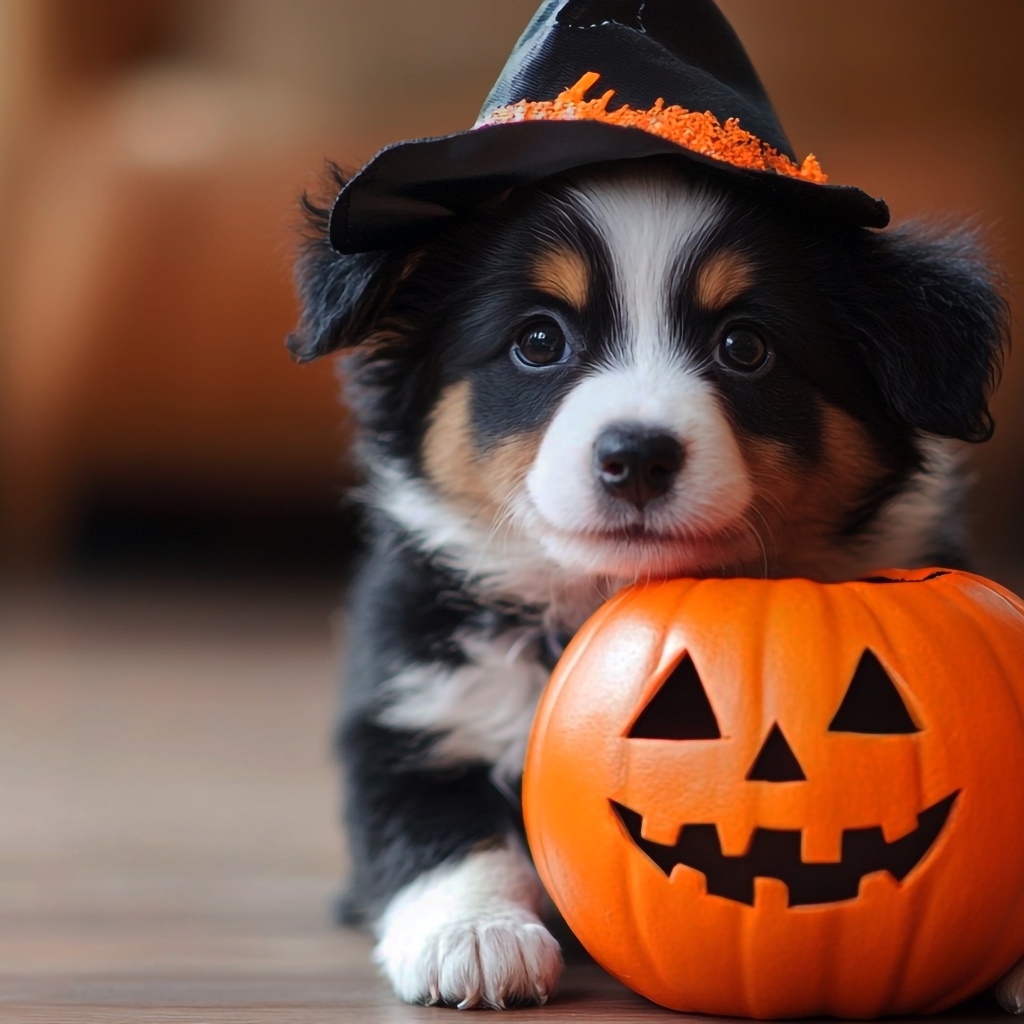 Маленький забавный щенок с тыквой на Хэллоуин 