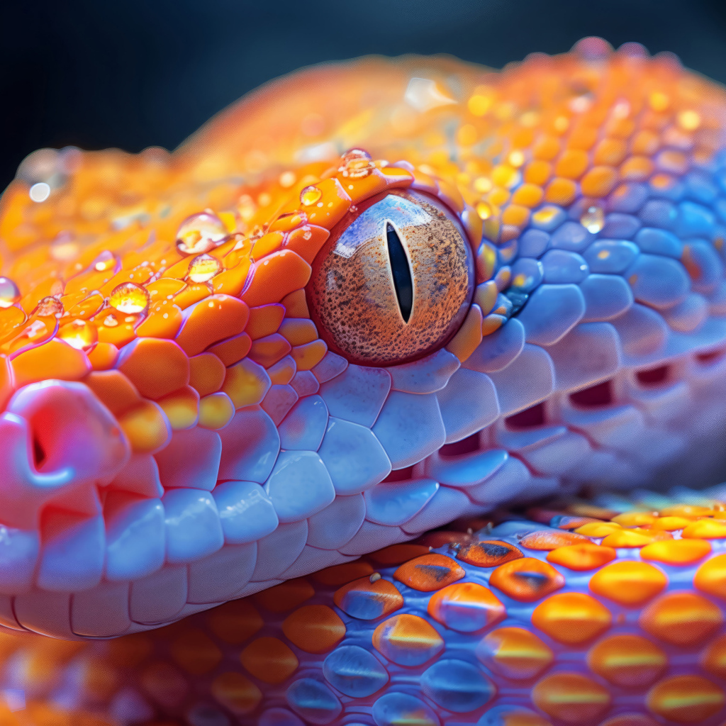 Большая оранжевая змея в каплях воды