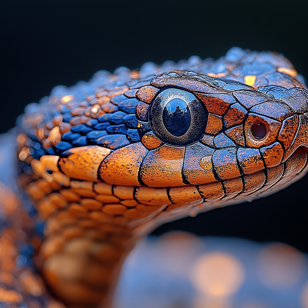 Голова змеи с большими глазами на черном фоне