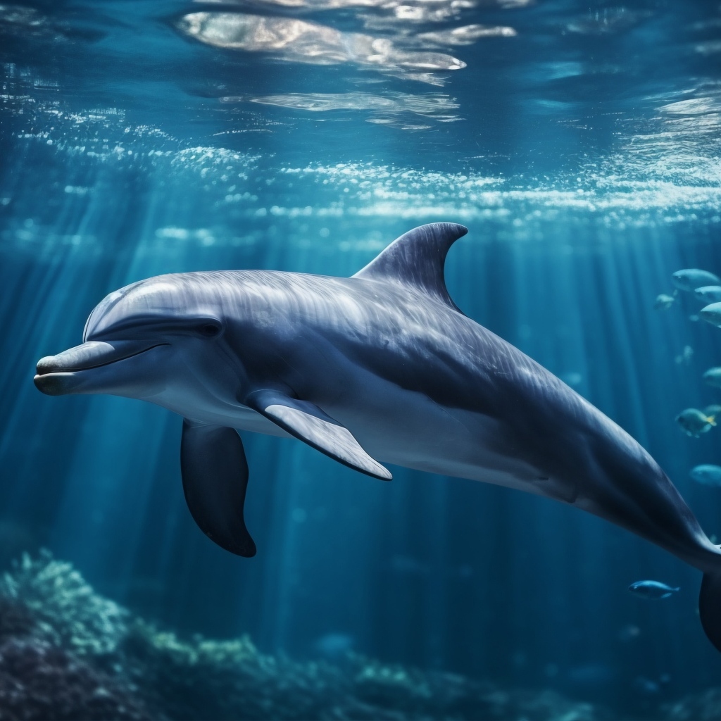 Красивый дельфин под водой в лучах солнца