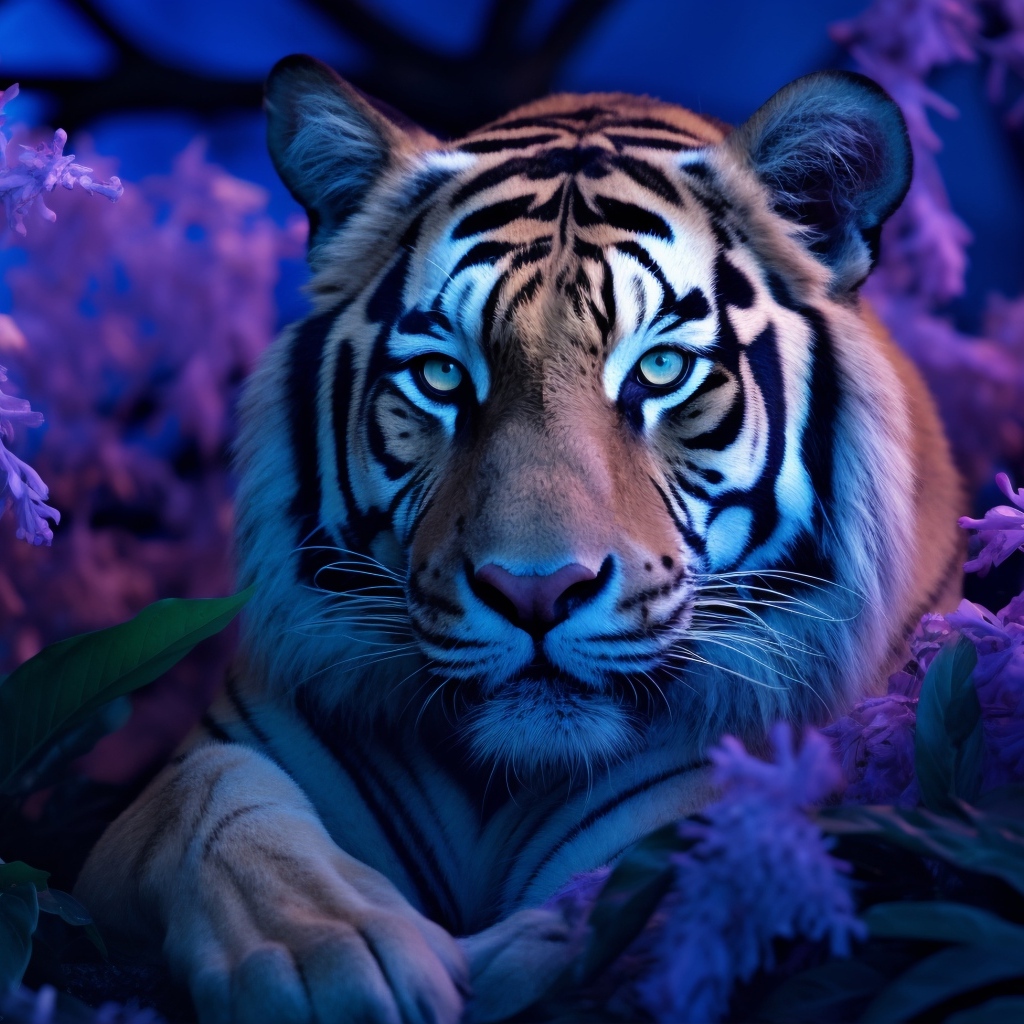 Большой полосатый тигр в цветах