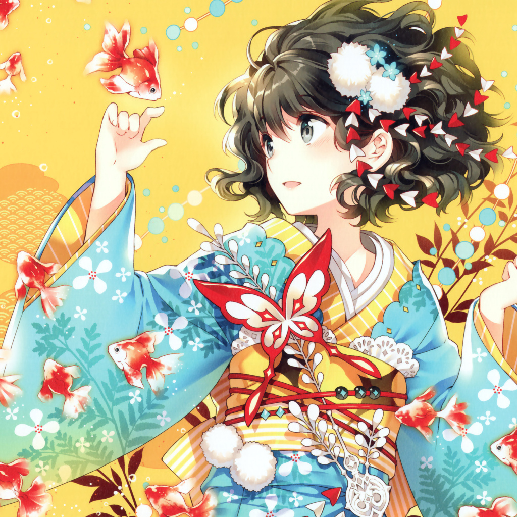 Девушка аниме ловит летающих рыб на желтом фоне