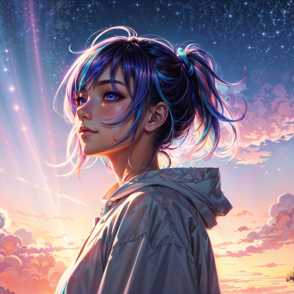 Девушка аниме с фиолетовыми волосами на фоне неба