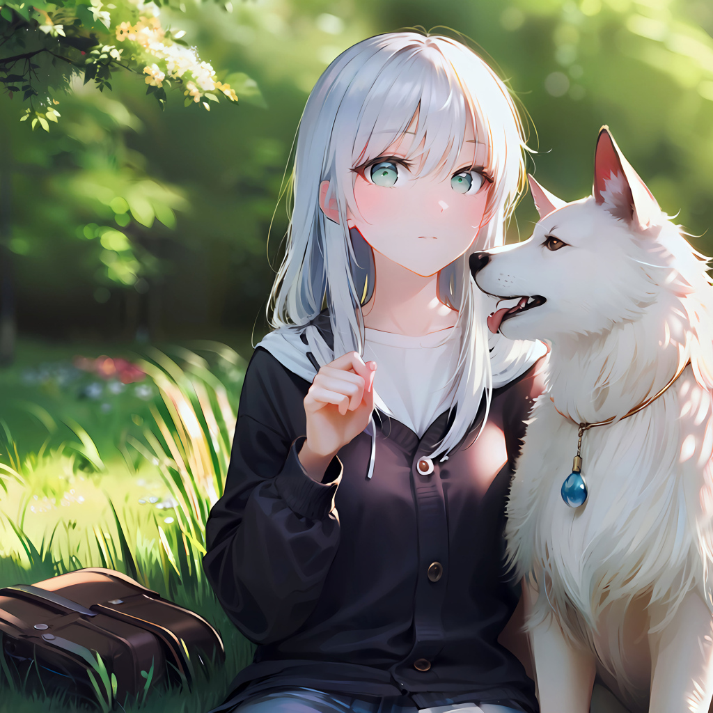 Девушка аниме с белой собакой в парке