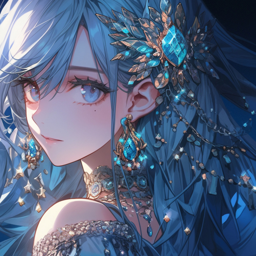 Девушка аниме с синими волосами с драгоценными камнями