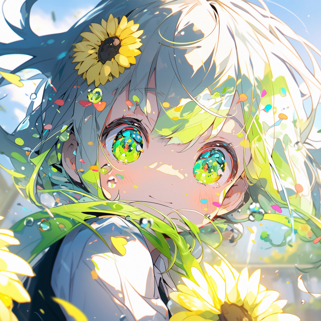 Зеленоглазая девочка аниме с подсолнухами