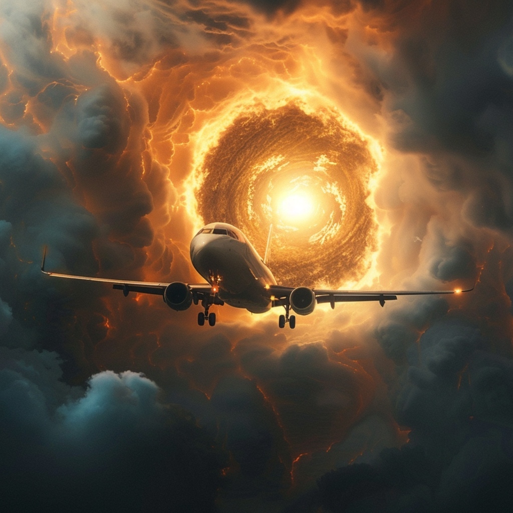 Пассажирский самолет затягивает в ураган