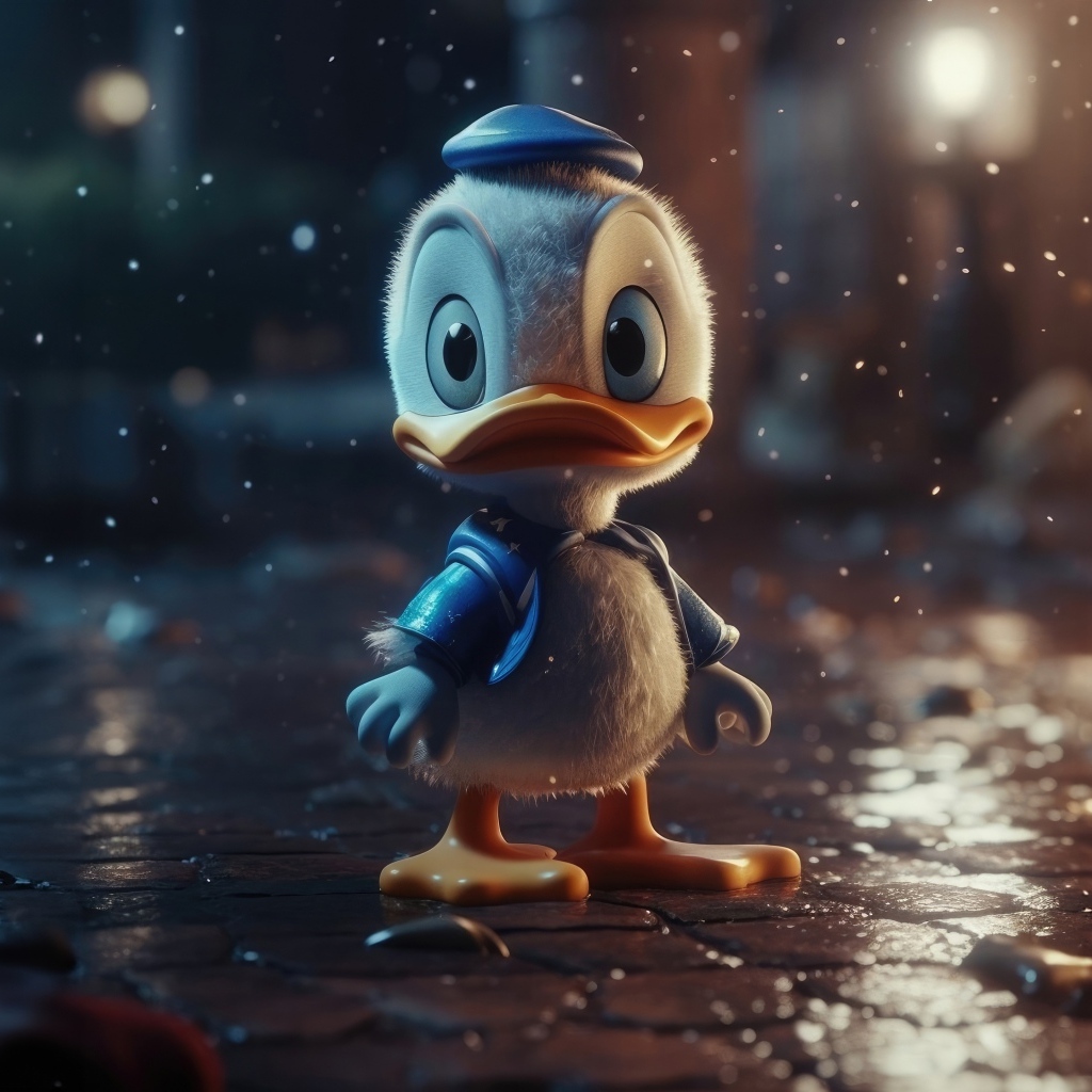 Маленький Дональд Дак под дождем на улице