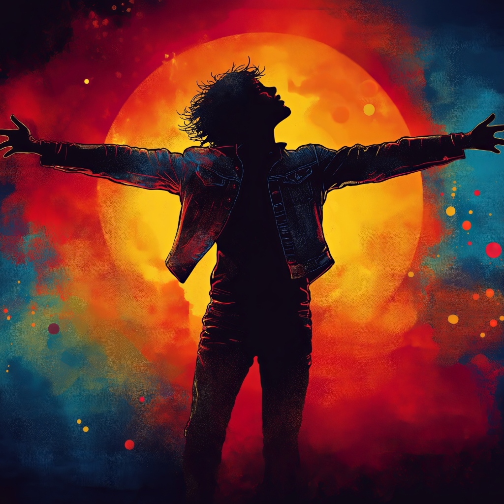 Нарисованный мужчина на фоне огненной луны