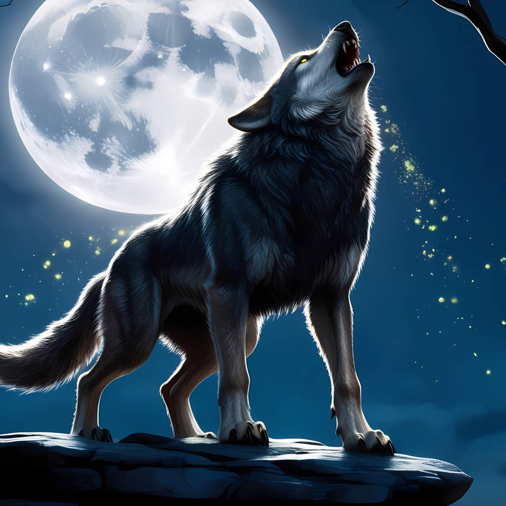 Нарисованный волк воет на луну