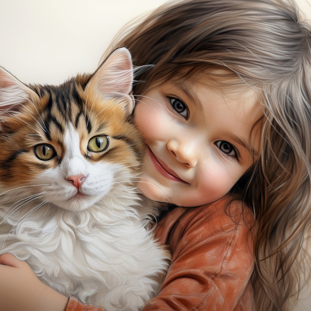 Красивая нарисованная девочка с котом